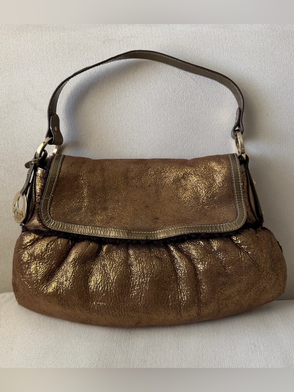 Fendi Bronze Chef Shearling Shoulder Bag with Fur Trim